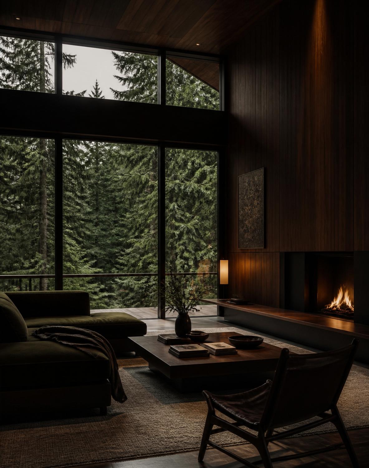A moody modern home interior with dark wood and forest views